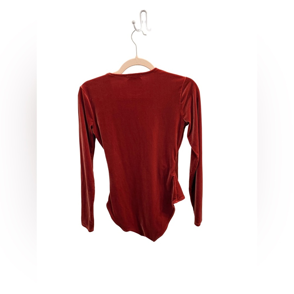 Madewell Velvet Wrap-Front Long Sleeved Bodysuit in Rusty Orange - Picture 5 of 7